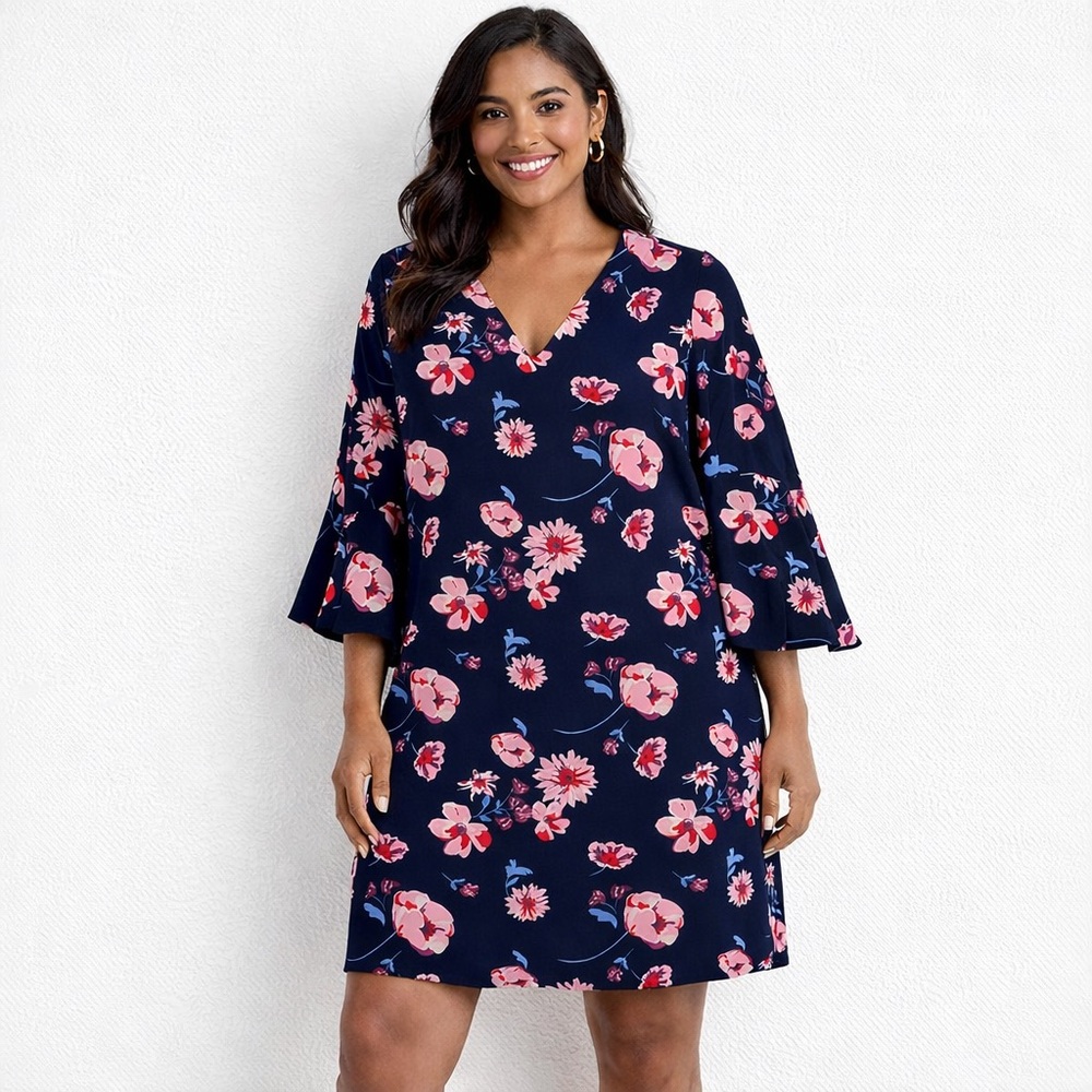 Mud Pie Mila Blue and Pink Floral Bell Sleeve V-Neck Pullover Dress Size‎ M